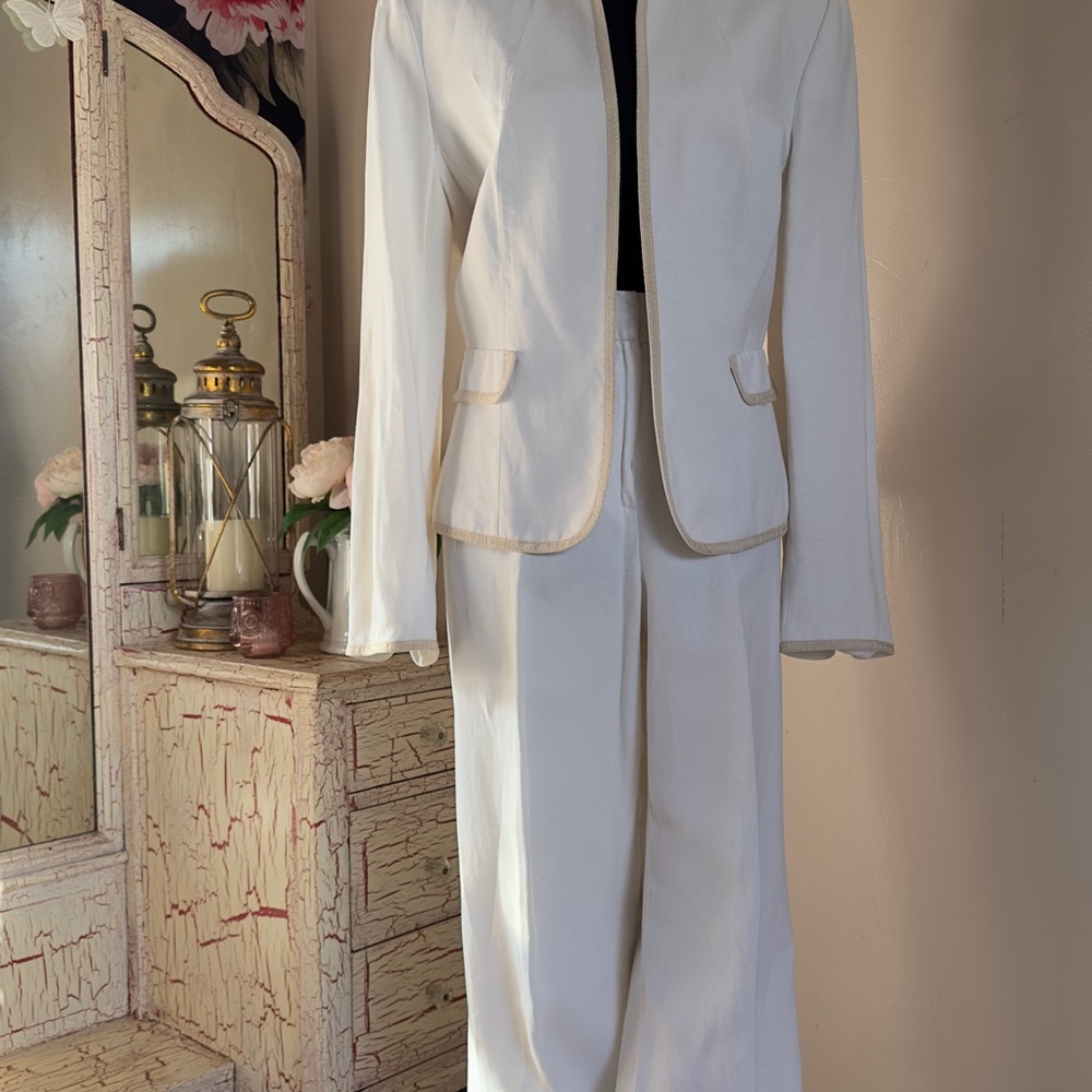 Chic Isabella DeMarco White Linen Blend Pants Suit Blazer Trousers Set